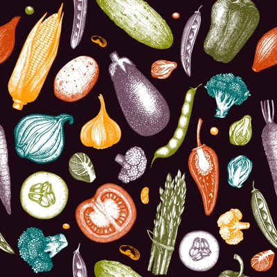 Vegetables seamless pattern. Healthy food background. Vegetarian food design. Hand-drawn vector illustration. NOT AI generated